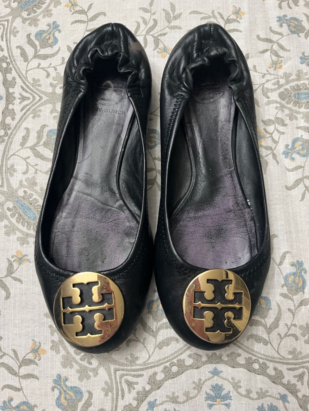 Tory Burch Black Leather Minnie Ballet Flats with Gold Logo Medallions